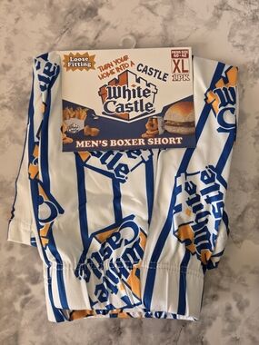 White Castle Men’s Boxer Shorts – XL White with Blue & Gold Logo Print